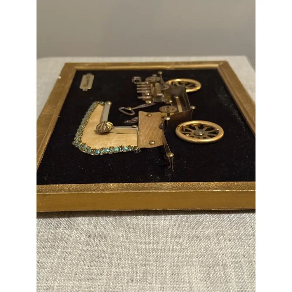 ✨ VTG MCM 60s 70s Folk Art Chevrolet 1912 Car Picture Velvet Steampunk Parts 13”